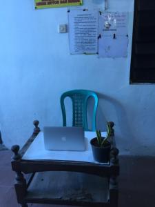 シドアルジョにあるOYO Life 93009 Griya Nautika Sedatiの椅子(ノートパソコンと鉢植えの植物付)