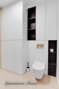 La salle de bains est pourvue de placards blancs et de toilettes. dans l'établissement Apartament Basior, Laguna Beskidów, à Zarzecze