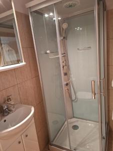 una ducha con una puerta de cristal junto a un lavabo en Apartament Casa Dia, en Sibiu