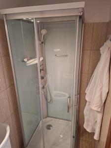 y baño con ducha y puerta de cristal. en Apartament Casa Dia, en Sibiu