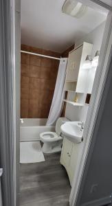 a bathroom with a toilet and a sink at Happyland Inn in Orillia