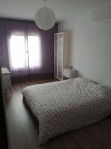 1 dormitorio con 1 cama grande y 2 ventanas en Pis amb grans vistes a Montserrat, en Igualada