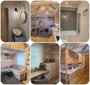 a collage of four pictures of a tiny house at Bursztynowe Domki w Helu in Hel