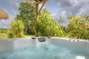 une baignoire jacuzzi dans une arrière-cour arborée dans l'établissement VILLA KASBAR avec spa privé 4 étoiles, à Tizac-de-Curton