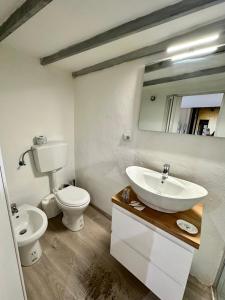 a bathroom with a sink and a toilet and a mirror at Casa San Massimo in Turin