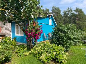 una casa azul con flores delante en Stāsti, en Upesgrīva