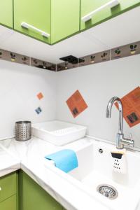 a kitchen with green cabinets and a sink at Ugi house - City Center in Belgrade