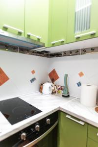a kitchen with green cabinets and a stove top oven at Ugi house - City Center in Belgrade +2 photos