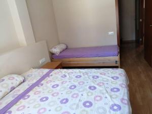 1 dormitorio con 2 camas en una habitación con sábanas moradas en Pis a Bellpuig en Bellpuig