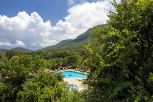 a swimming pool in the middle of a forest at Doga Apartments in Kayakoy