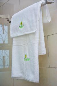 2 toallas en un toallero en el baño en Savani Apartments, Kabale., en Kabale