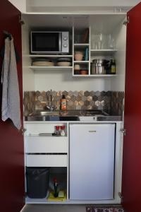 een kleine keuken met een wastafel en een magnetron bij B&B nr.15 in Vries