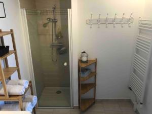 La salle de bains est pourvue d'une douche vitrée. dans l'établissement Bel appartement proche gare et centre-ville, à Rambouillet