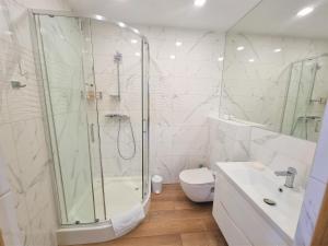 a bathroom with a shower and a toilet and a sink at Затишні апартаменти вул Глибока 24 in Ternopilʼ +12 photos