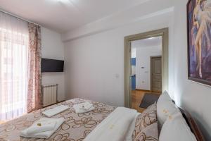 ein Schlafzimmer mit einem Bett und einem großen Fenster in der Unterkunft Apartment Maksi-Centar in Zlatibor