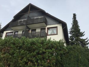 a house with a gambrel roof on top of some bushes at Ferienwohnung Harzwiese Ruhig Zentrumsnah mit Ausblick inklusive Wäschepaket, WLAN, Parkplatz in Braunlage