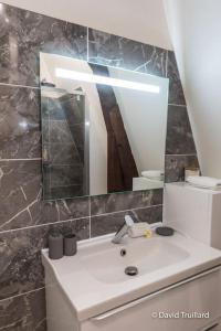 a bathroom with a sink and a mirror at Suite Mana - Maui - Place Ducale in Charleville-Mézières