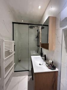 La salle de bains est pourvue d'une douche en verre et d'un lavabo. dans l'établissement Douceur entre Notre Dame et la mer, à Marseille