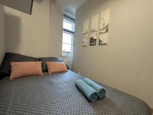 a bedroom with a bed with two pillows on it at MMRent Mountain Room in Gdańsk