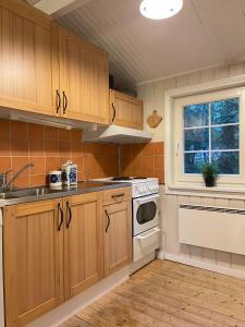 a kitchen with wooden cabinets and a sink and a stove at Rustik timmerstuga nära Tandådalens anläggningar in Gusjösätern