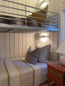 a bedroom with a bunk bed with pillows on it at Rustik timmerstuga nära Tandådalens anläggningar in Gusjösätern