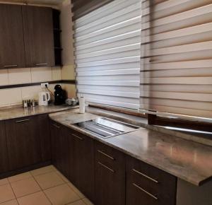a kitchen with wooden cabinets and a counter top at Lola in Voždivac