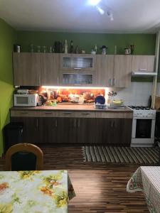 - une cuisine avec des placards en bois et un comptoir avec une cuisinière dans l'établissement Housing HELLA, à Nová Lesná