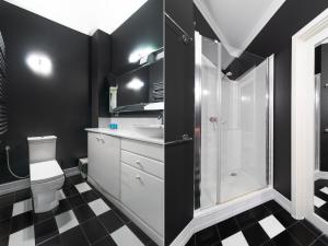 a bathroom with a shower and a sink and a toilet at Kwiatowa Loft Apartment in Poznań