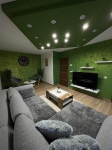 a living room with a couch and a fireplace at Aby in Slavonski Brod +4 photos
