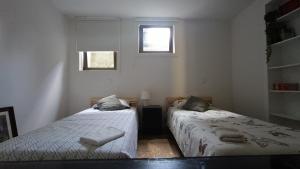 two beds in a room with two windows at Casa da Rosa in Arcozelo