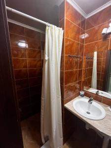 a bathroom with a shower curtain and a sink at 118 apartments in Kyiv