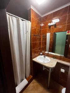 a bathroom with a sink and a shower and a mirror at 118 apartments in Kyiv