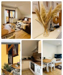 un collage de fotos de una cocina y una sala de estar en Maisonette Wohnung Sophie mit Balkon und Terrasse, en Weikersheim