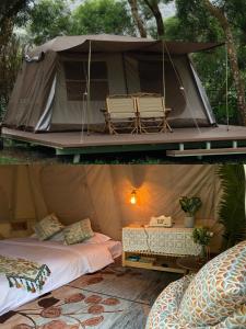 twee foto's van een tent met een bed en stoelen bij NatureLand Campsite in Shenzhen