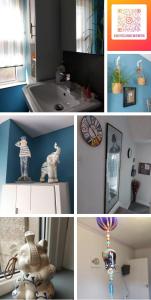 un collage de fotos de una habitación con lavabo y reloj en Morecambe Seaside Room, en Heysham