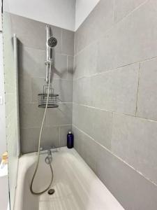 a bath tub with a shower in a bathroom at ''Un secret Mâconnais'' de Miss.K Conciergerie in Mâcon