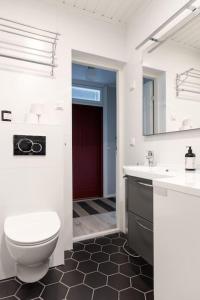 La salle de bains blanche est pourvue de toilettes et d'un lavabo. dans l'établissement Idyllic house in Old Rauma, à Rauma