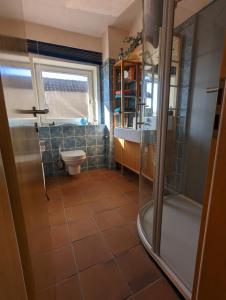 a bathroom with a shower and a toilet and a sink at "Buena Vista" Ashausen/Hamburg in Stelle