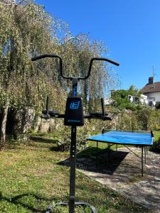 una mesa de ping pong azul en un parque en Le Rosier, en Lure