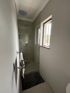 a bathroom with a shower with a glass door at The Three Trees in Gillitts