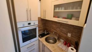 uma pequena cozinha com um lavatório e um micro-ondas em Apartman CENTAR em Zenica