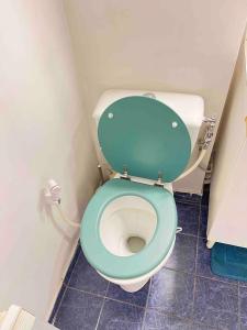 a toilet with a blue seat in a bathroom at 2 pieces - Calme et Lumineux - Parc de La Villette - Stade de France in Aubervilliers