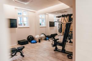 un gimnasio con máquinas de correr y equipos de ejercicio en una sala en MAXIMILIAN MUNICH Apartments & Hotel, en Múnich