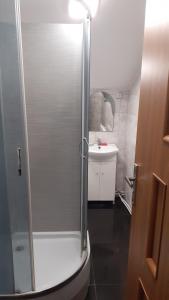 a bathroom with a shower and a sink at Tanie noclegi w Bedlnie k. Kutna in Bedlno