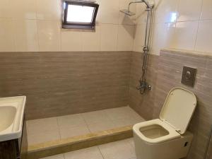 a bathroom with a toilet and a sink and a shower at Full furnitured house بيت مفروش للأيجار in Sūf