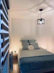 1 dormitorio con 1 cama con 2 almohadas en Hyper centre & parking privé - Le cocon T2 -Amiens, en Amiens