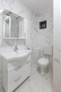 Baño blanco con lavabo y aseo en Villa Class, en Sînmartin