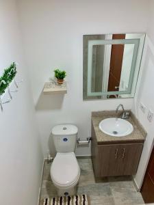 een badkamer met een toilet, een wastafel en een spiegel bij Apartamentos View, calle del Malecón frente al lago in Guatapé