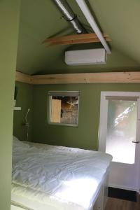 a bedroom with a bed with a green wall at 1 for 2 in Nederhorst den Berg