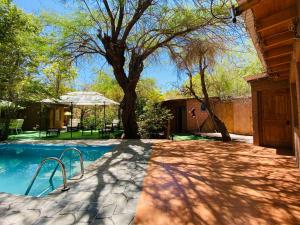 a swimming pool with a tree and a house at Hotel Jireh in San Pedro de Atacama